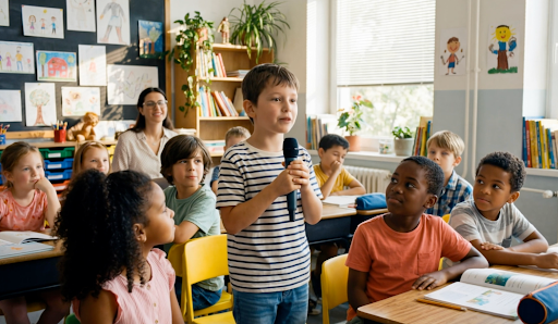 Child speaking confidently in a classroom